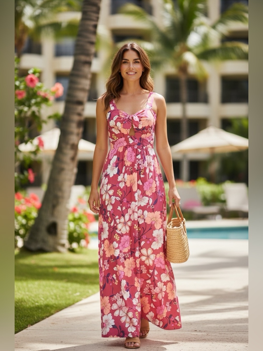 MONTEAU LA Pink & Red Floral Maxi Dress Summer Sleeveless Size XS